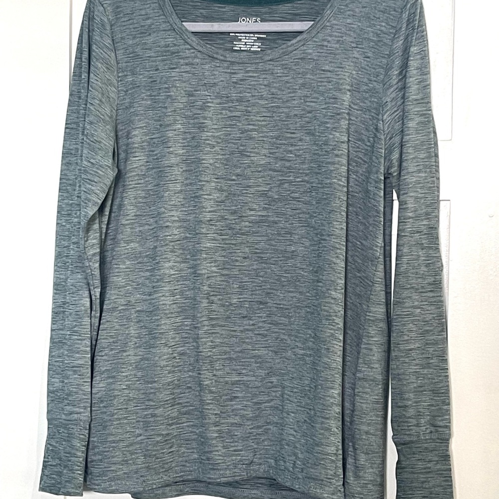 Jones New York Heathered Slate Blue Long Sleeve Scoop Neck Top